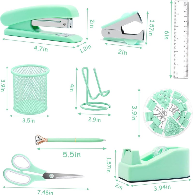 Famassi Green Office Supplies, Green Desk Accessories, Stapler, Staple Remover, Tape Holder, Pen Holder, Ballpoint Pen, Scissor, Binder Clips, 1000pcs Staples, Phone Holder, Ruler, Transparent Glue and Notes - Image 2